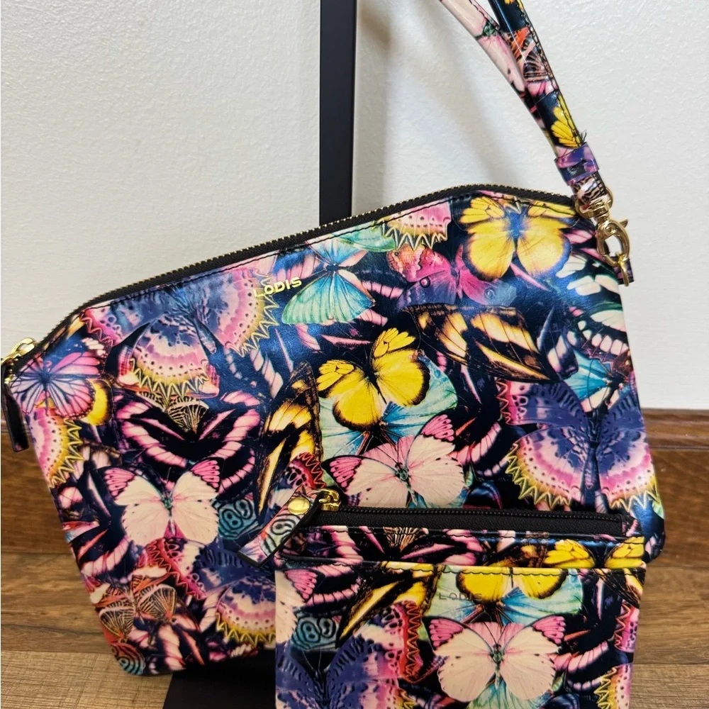 LODIS Genuine Leather Butterfly Print 3-Piece Set: Clutch Wristlet Wallet Pouch